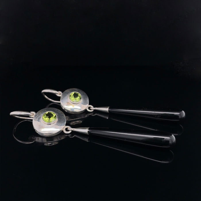 Silver Earrings with Peridot and Onyx