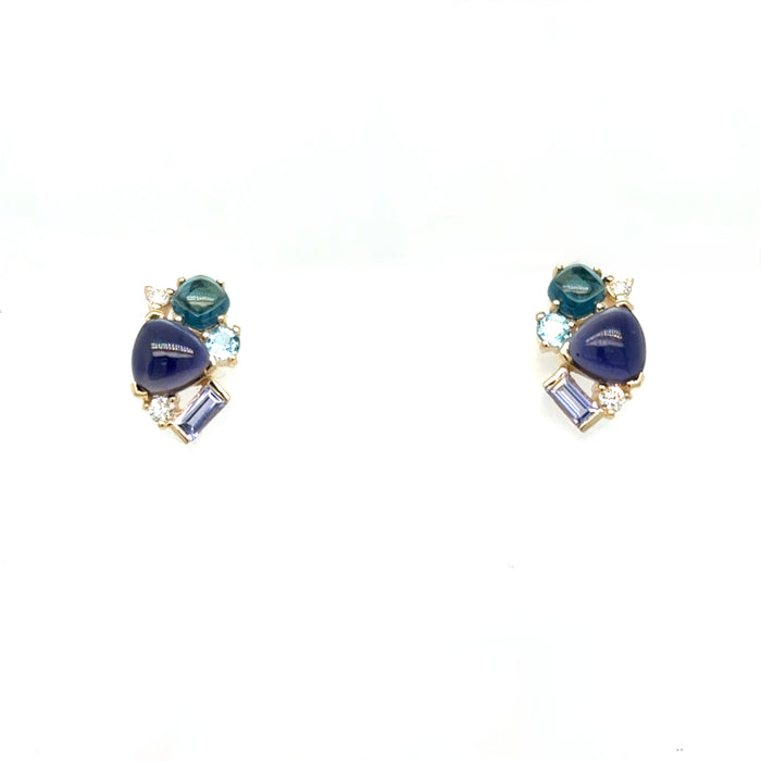Blue Gemstone Cluster Earrings in Gold