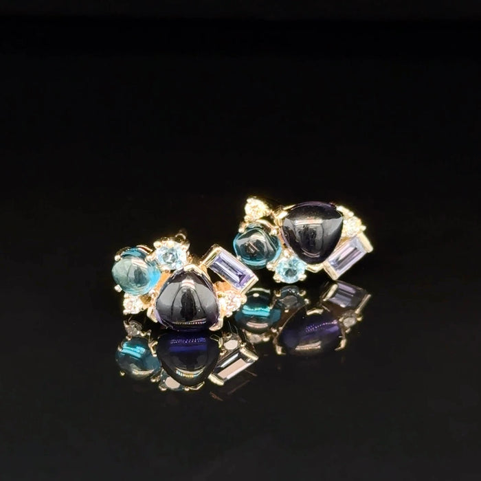 Blue Gemstone Cluster Earrings in Gold