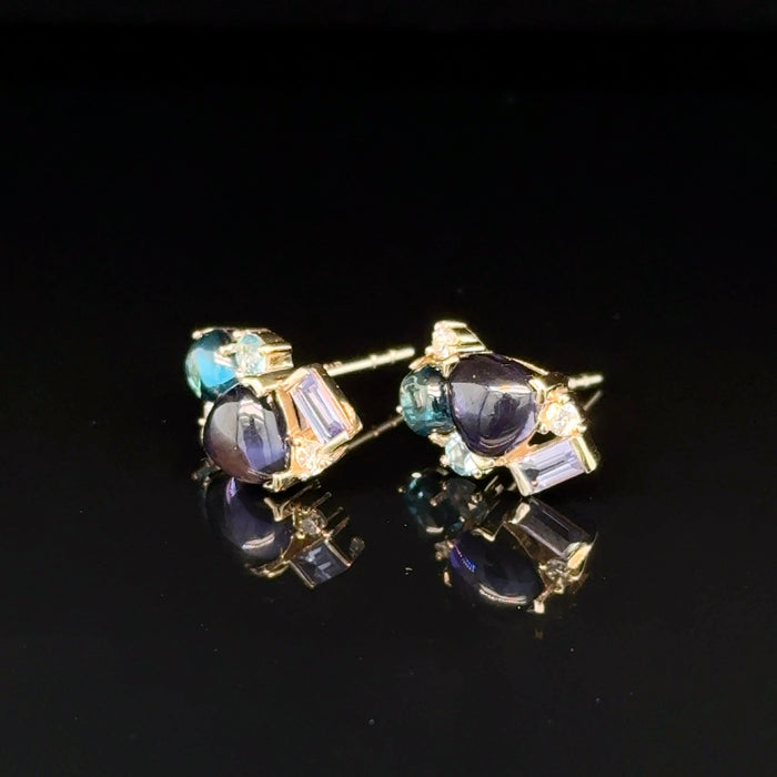 Blue Gemstone Cluster Earrings in Gold
