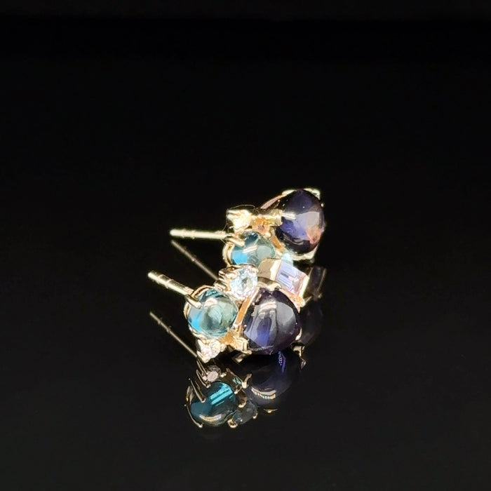 Blue Gemstone Cluster Earrings in Gold