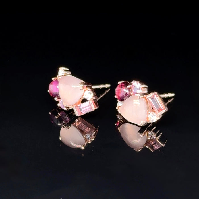 Pink Gemstone Cluster Stud Earrings, in Rose Gold