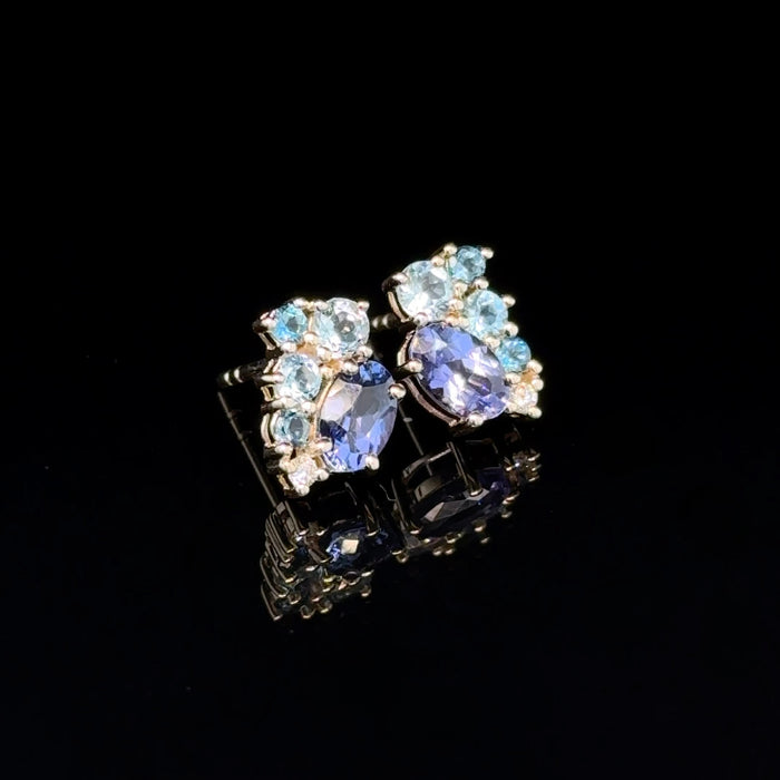 Round Blue Topaz and Diamond Cluster Stud Earrings