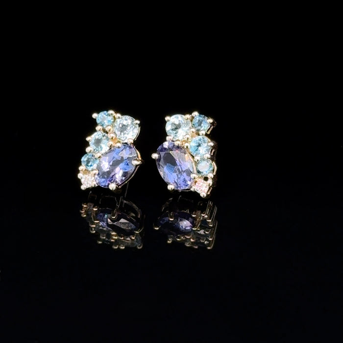 Round Blue Topaz and Diamond Cluster Stud Earrings