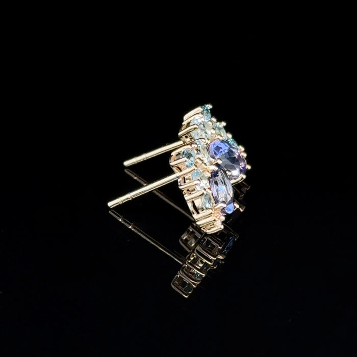 Round Blue Topaz and Diamond Cluster Stud Earrings
