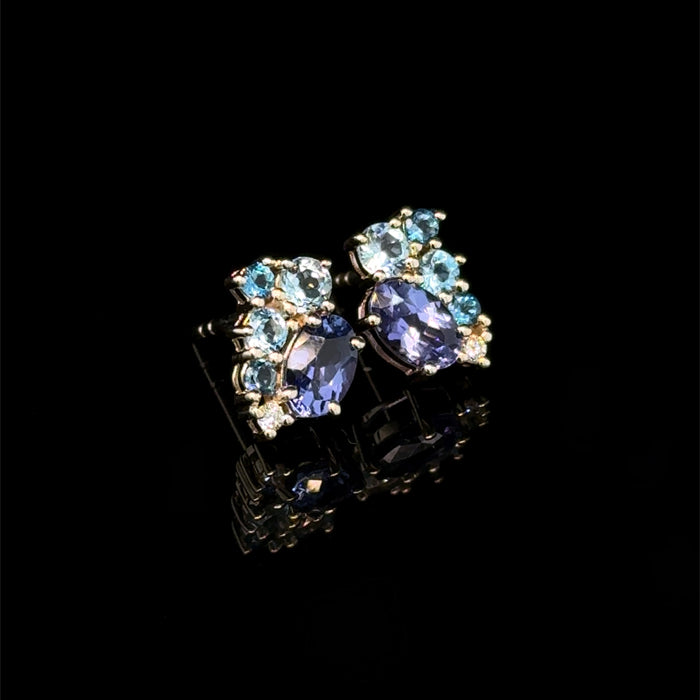 Round Blue Topaz and Diamond Cluster Stud Earrings