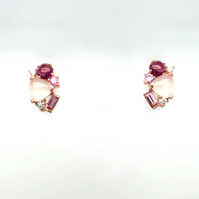 Pink Gemstone Cluster Stud Earrings, in Rose Gold