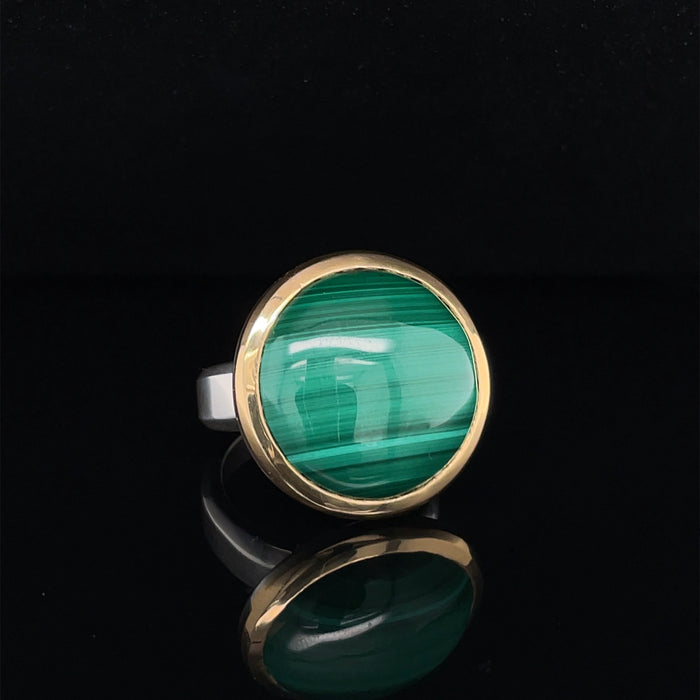 18ct Gold and Silver Ring with Malachite and Zircon