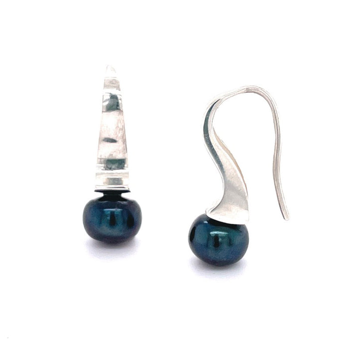 Silver Black Pearl Earrings - Wave