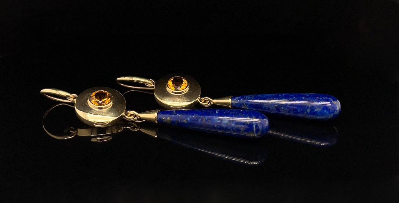 9ct Gold Earrings with Citrine and Lapis Lazuli
