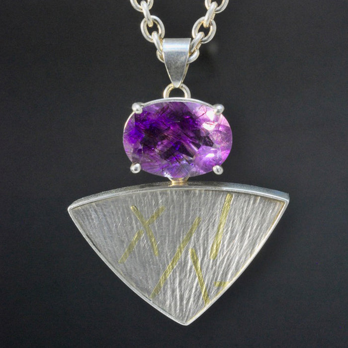 Silver and 18ct Gold Pendant with Rutile Amethyst