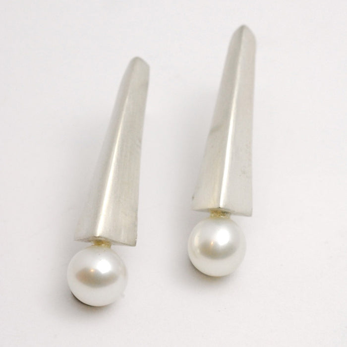 Silver Straight Studs with White Pearl